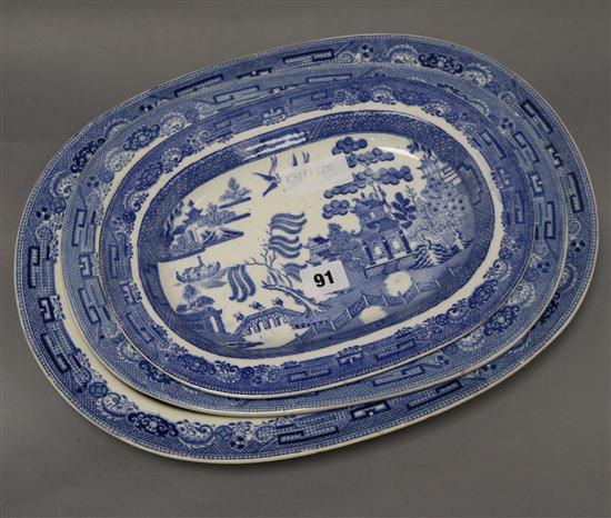 A graduated set of three Wedgwood blue and white Willow pattern meat dishes (largest chipped) longest 42cm